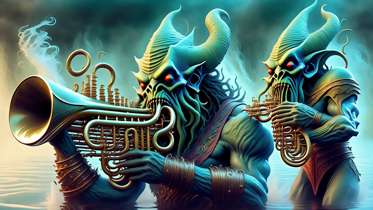 Aquatic Creatures Playing Brass Instruments in Fog