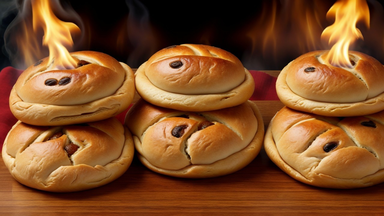 Freshly Baked Golden-Brown Rolls with Flames