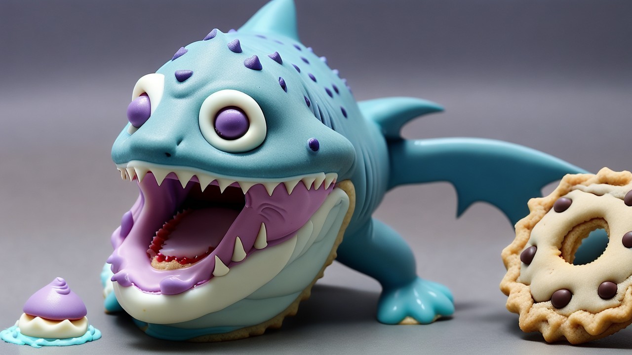 Cartoonish shark-like creature with dessert elements