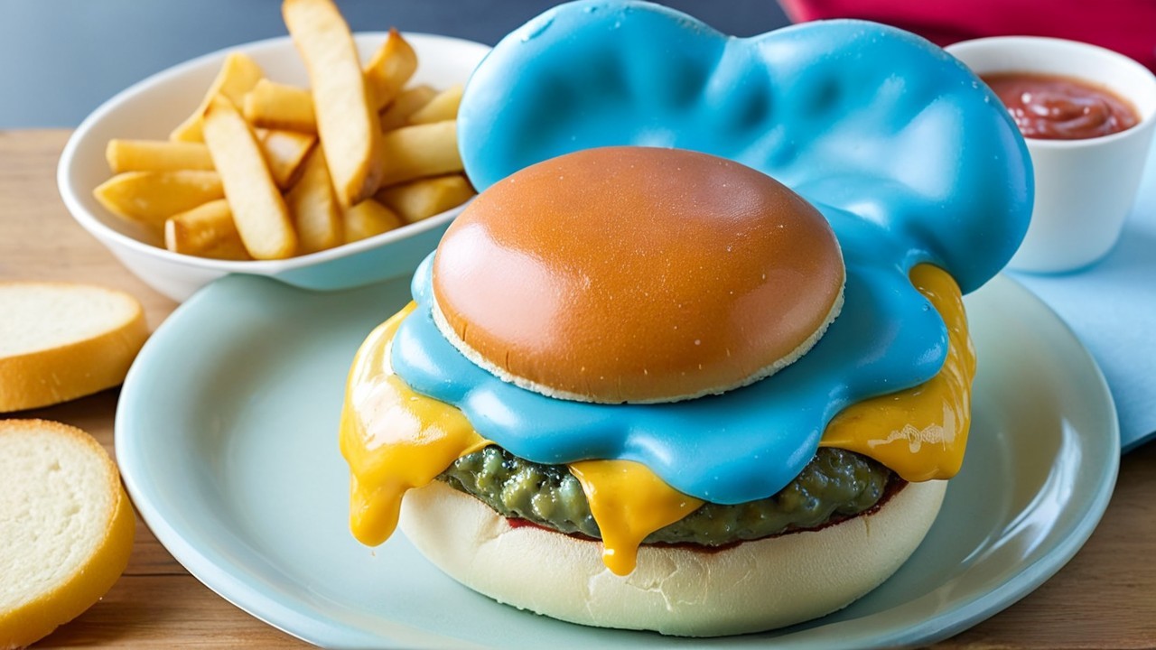 Whimsical burger with blue bun and golden fries