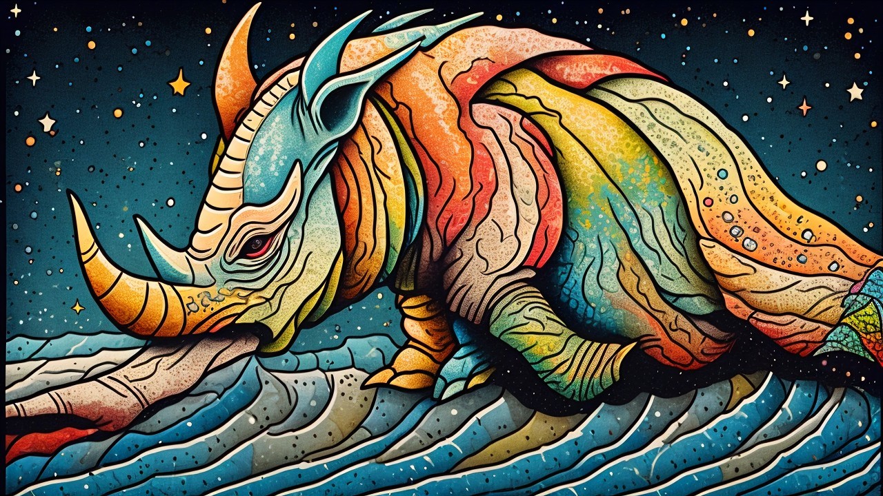 Colorful Stylized Rhinoceros on Waves Under Stars