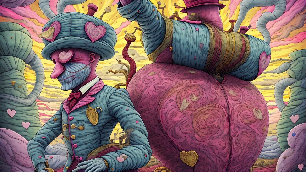 Surreal Scene with Anthropomorphic Figures and Vibrant Colors