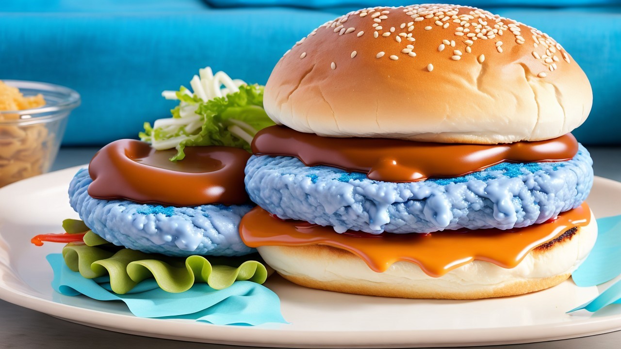 Whimsical Burger with Blue Buns and Bright Toppings
