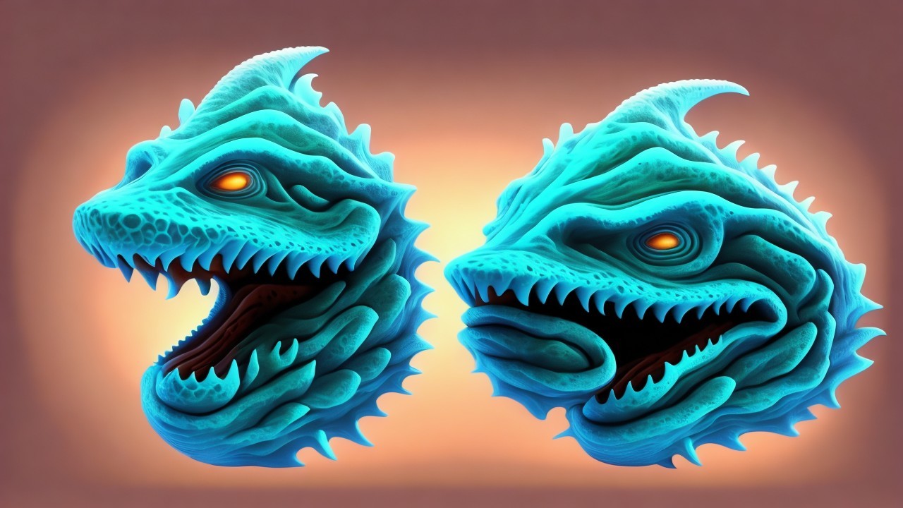 Stylized turquoise dragon-like creature heads with details