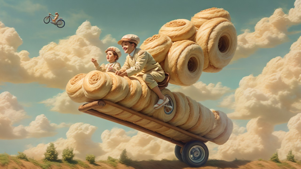 Joyful Figures on Cart Surrounded by Fluffy Pastries