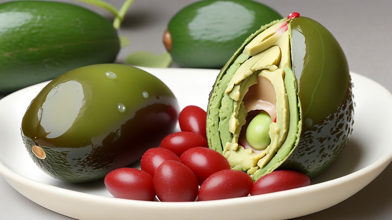 Glossy Green Avocado-Like Objects on Artistic Plate