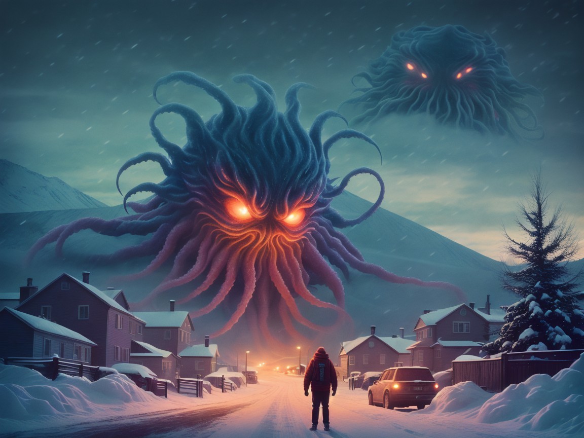Snowy Town with Ominous Creature Overhead