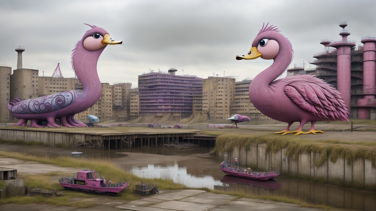 Surreal Landscape with Cartoonish Pink Birds and City