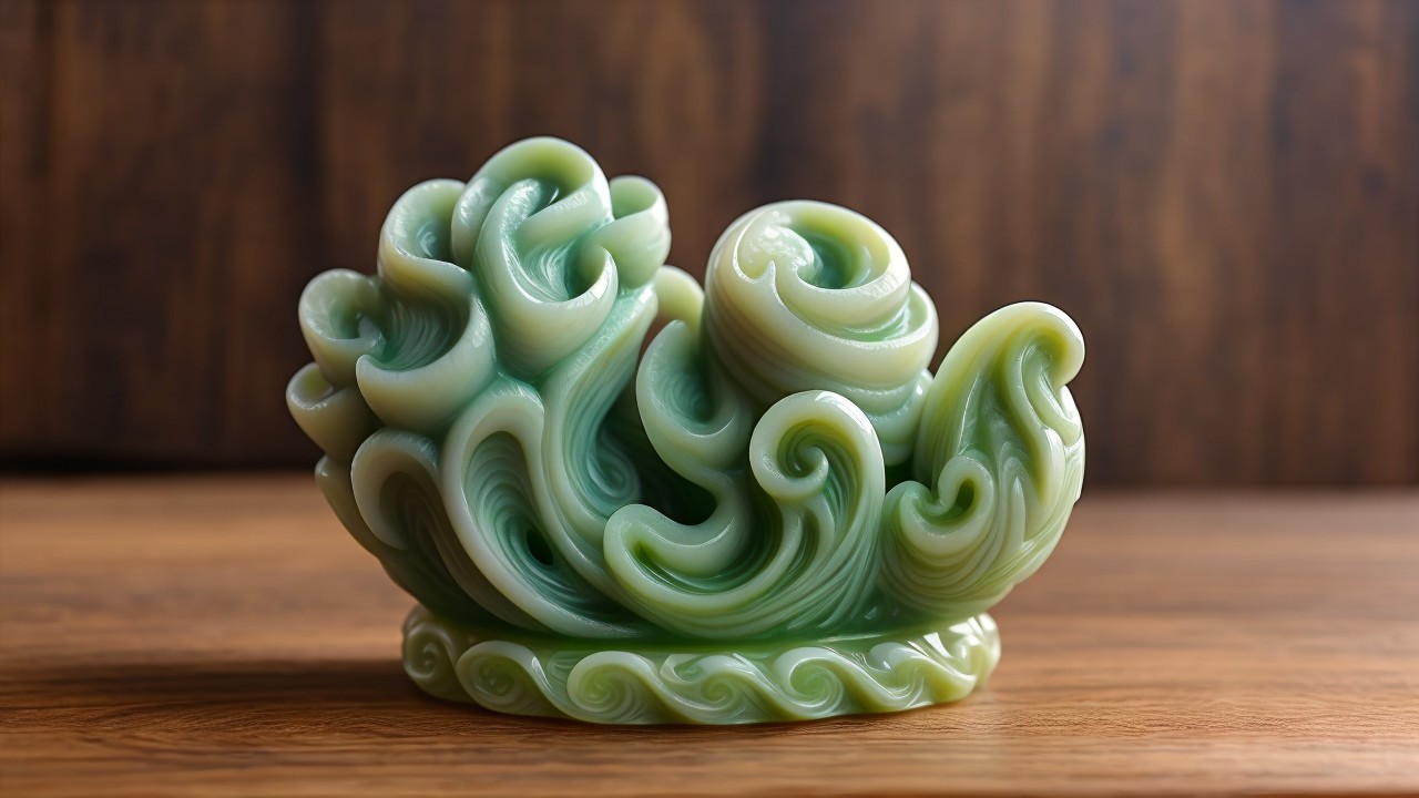 Intricately Carved Jade Sculpture of Swirling Waves