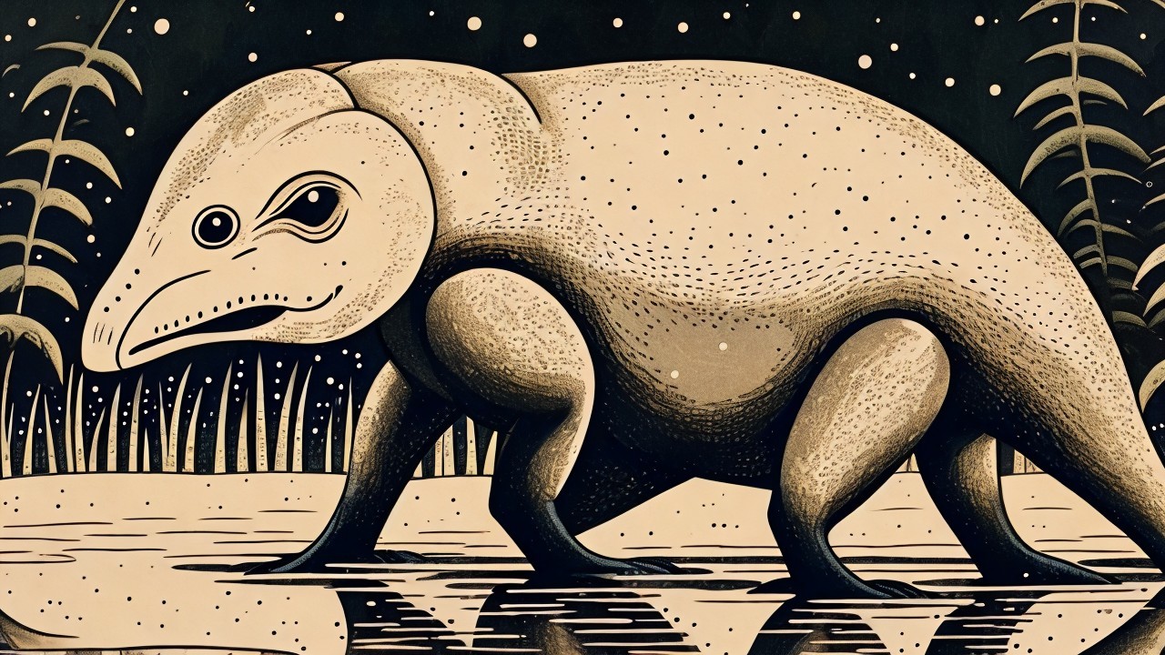 Stylized Prehistoric Creature in Serene Landscape