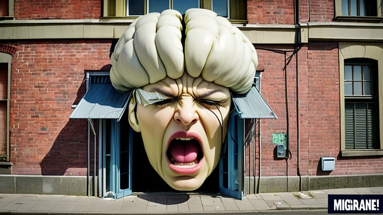 Surreal sculpture of a screaming face at building entrance
