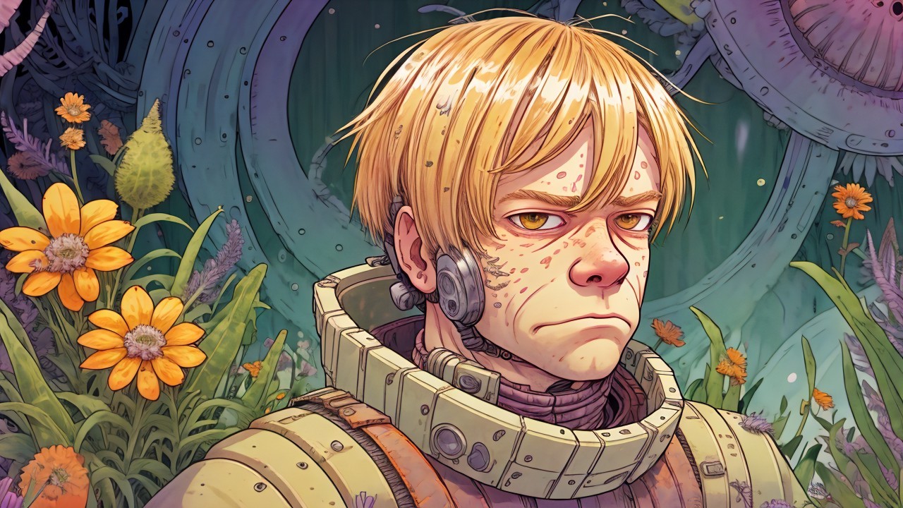 Young astronaut in vibrant alien landscape with flora