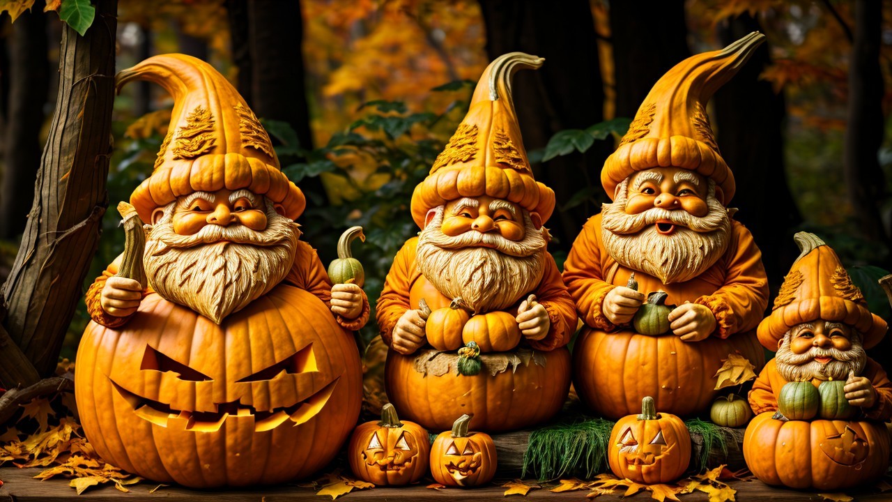 Cheerful Pumpkin Gnomes in Vibrant Autumn Scene