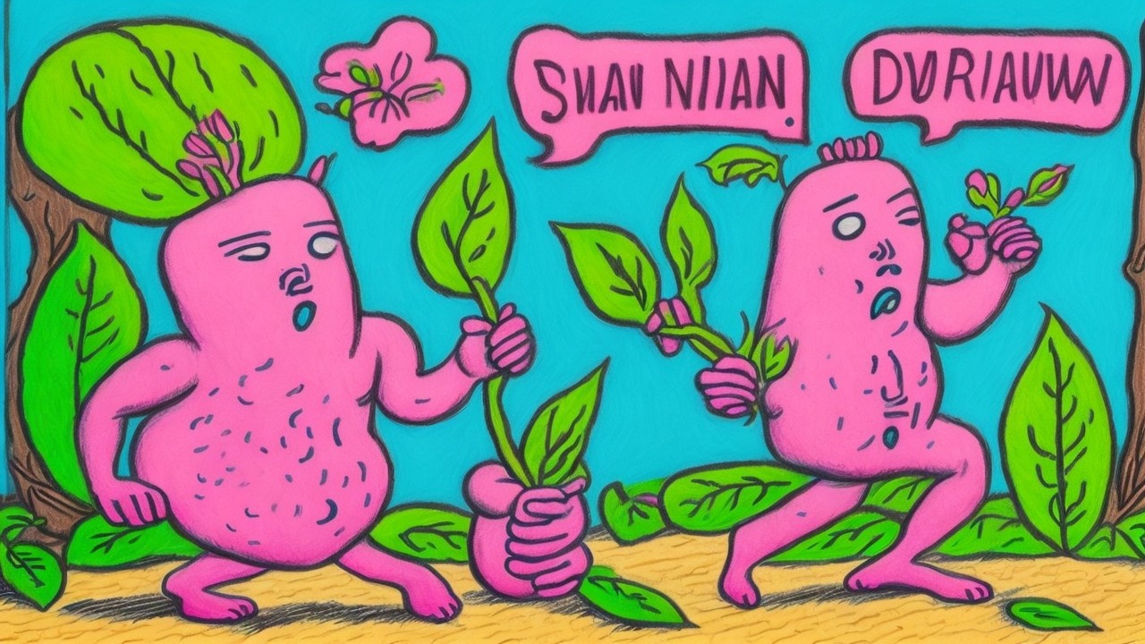Cartoonish Pink Figures in a Whimsical Landscape