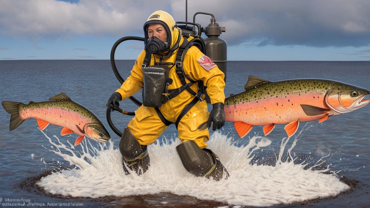 Person in yellow diving suit holds vibrant trout in water