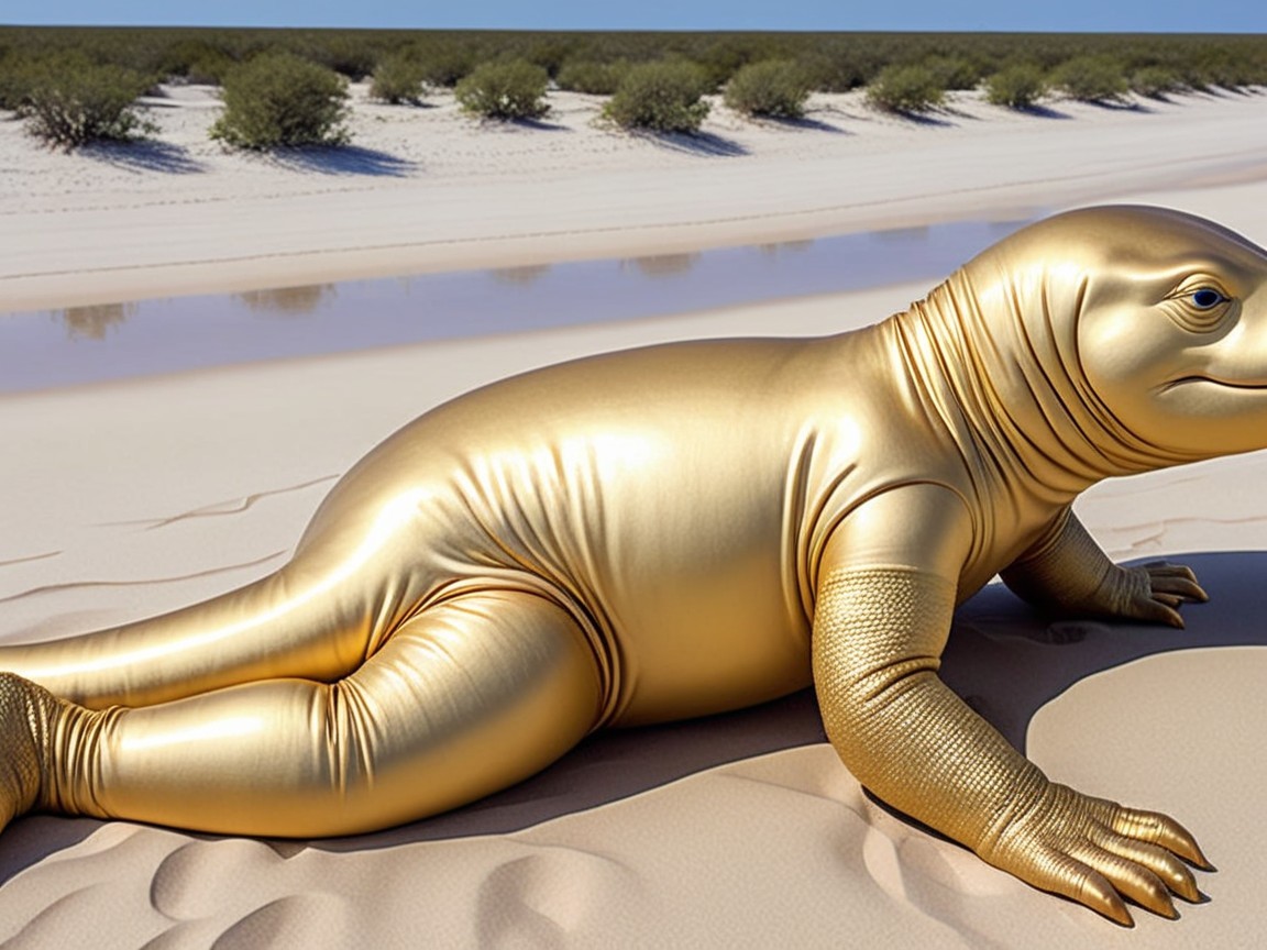 Surreal Golden Seal-Like Creature on Sandy Beach