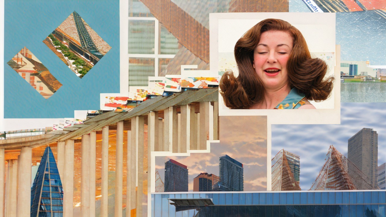 Collage of Architectural Elements and Playful Woman