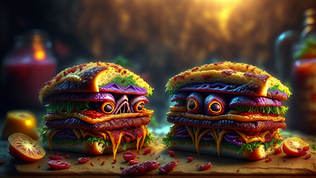 Cartoonish monster burgers with colorful ingredients