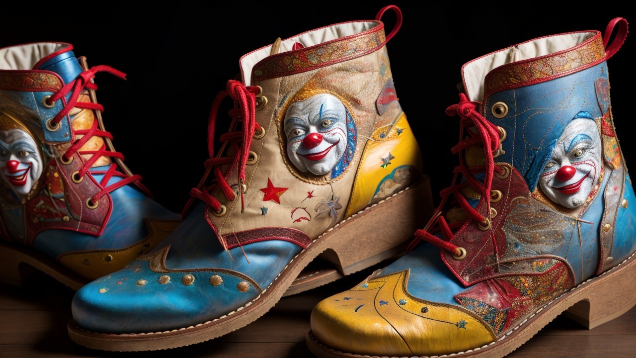 Whimsical Clown-Themed Boots with Colorful Designs