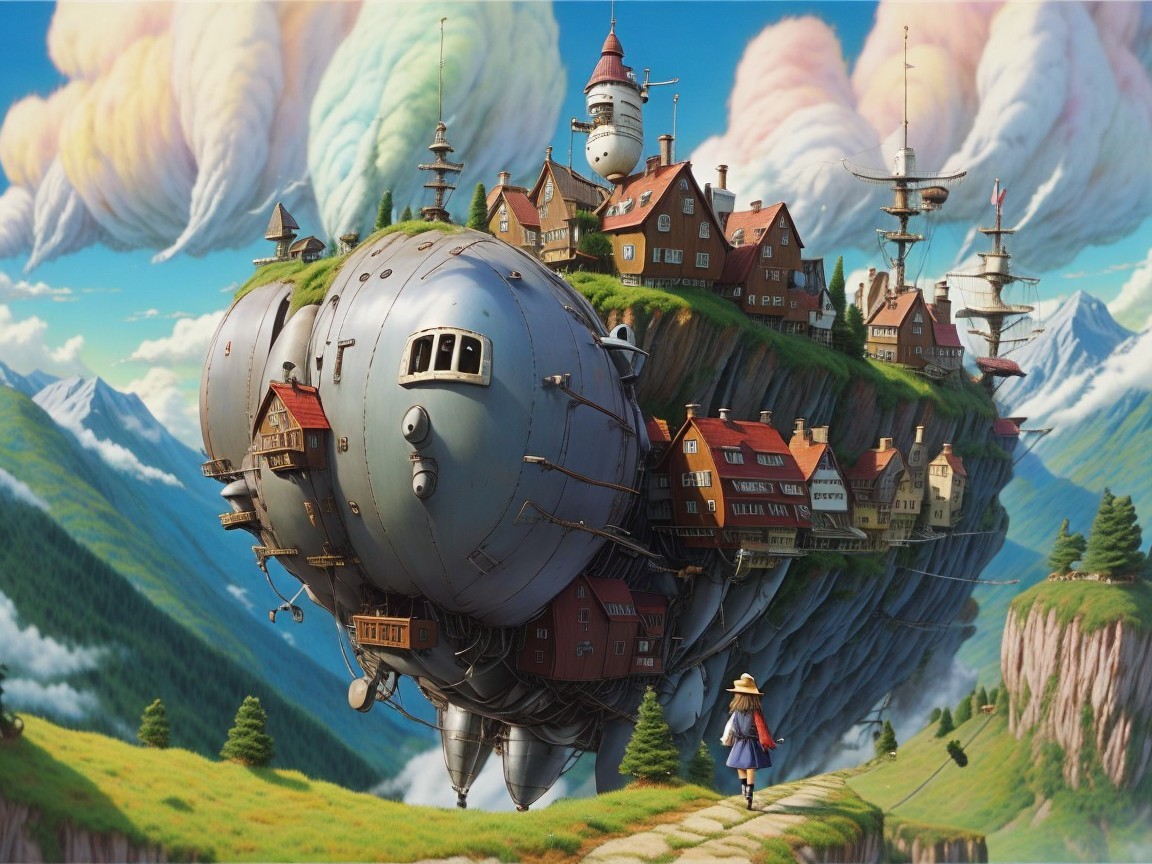 Whimsical Floating Island with Steampunk Homes and Clouds