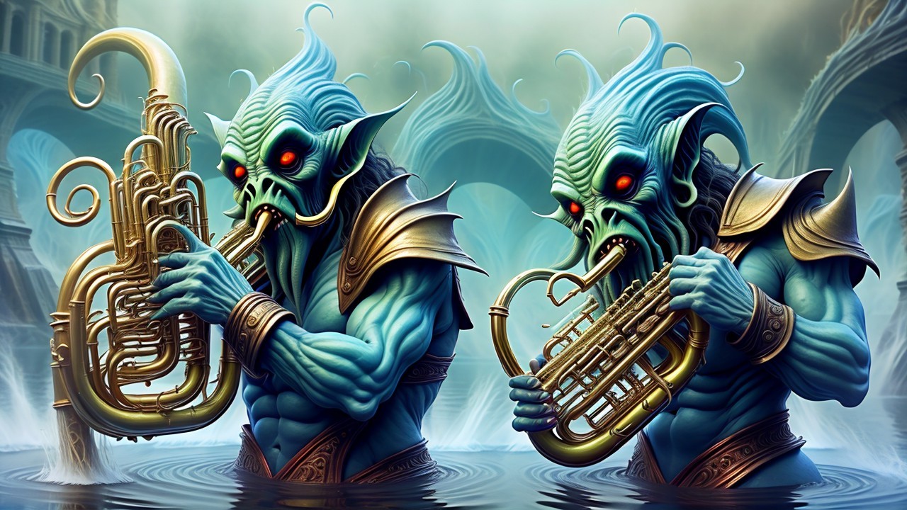 Aquatic Creatures Playing Brass Instruments Underwater
