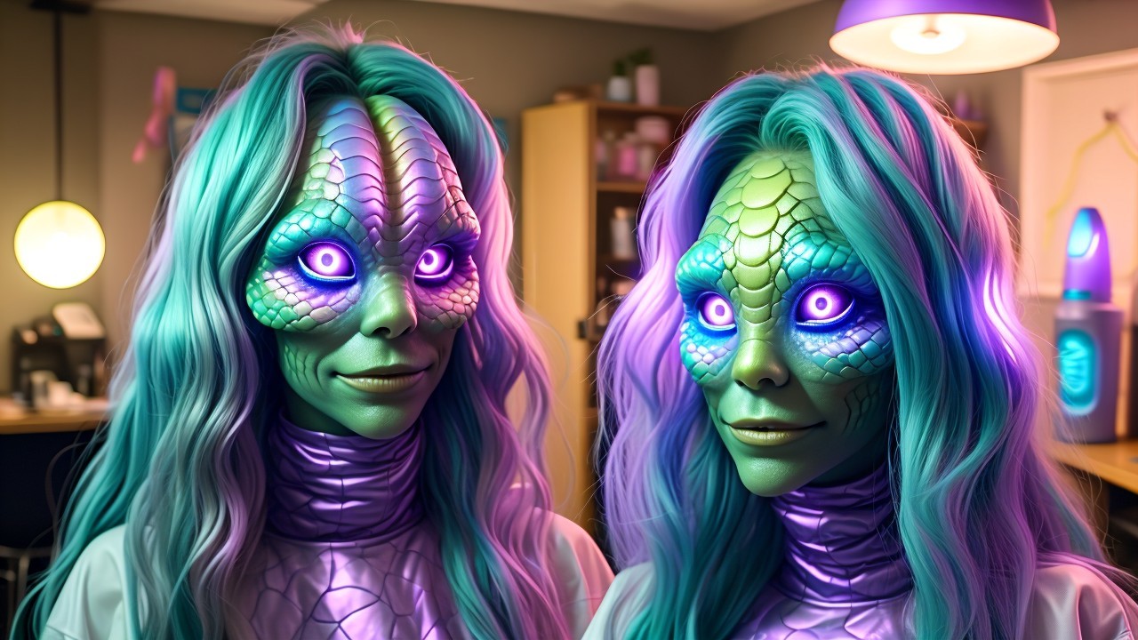 Humanoid Figures with Scaly Skin in Casual Workspace