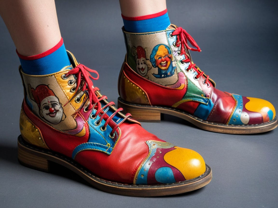 Colorful clown-themed boots with playful designs