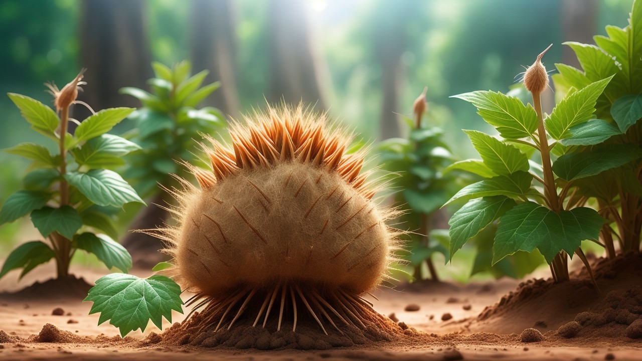 Unique Spiky Plant Surrounded by Lush Forest Foliage