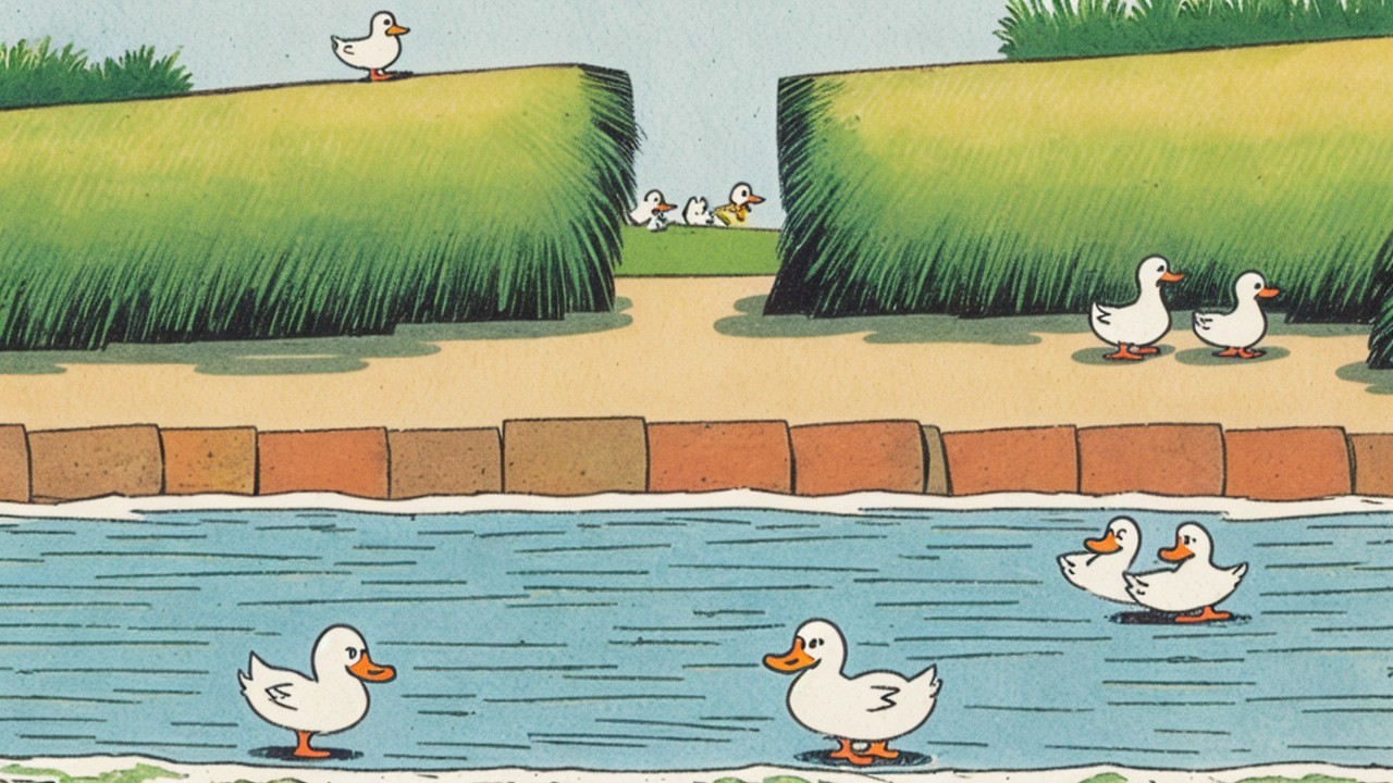 Cartoon Ducks in a Calm Pond Landscape