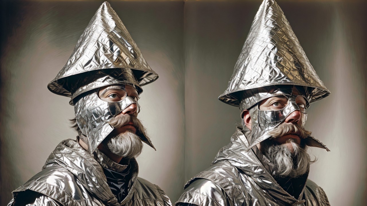 Man in Futuristic Silver Outfit with Conical Hat