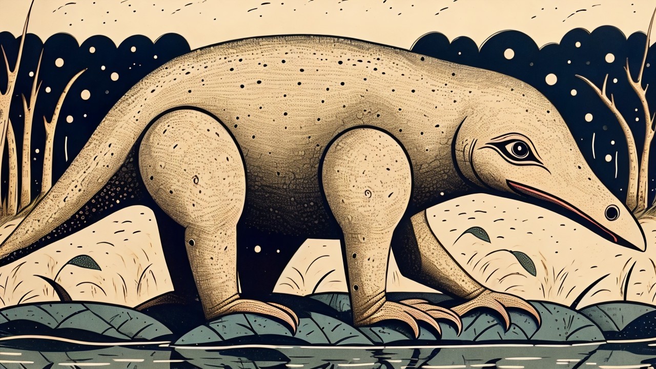 Stylized Prehistoric Creature by a Vibrant Riverbank
