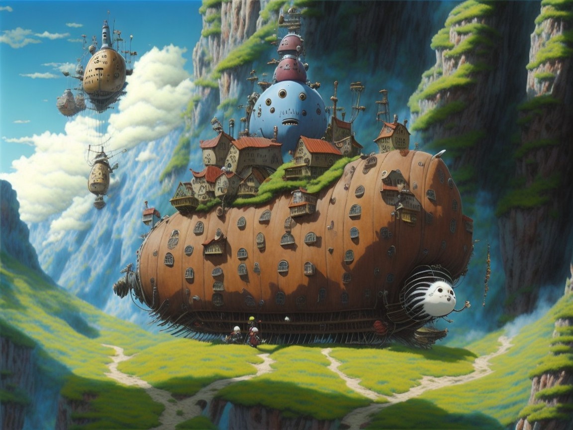 Whimsical Airship Over Lush Rolling Hills and Sky
