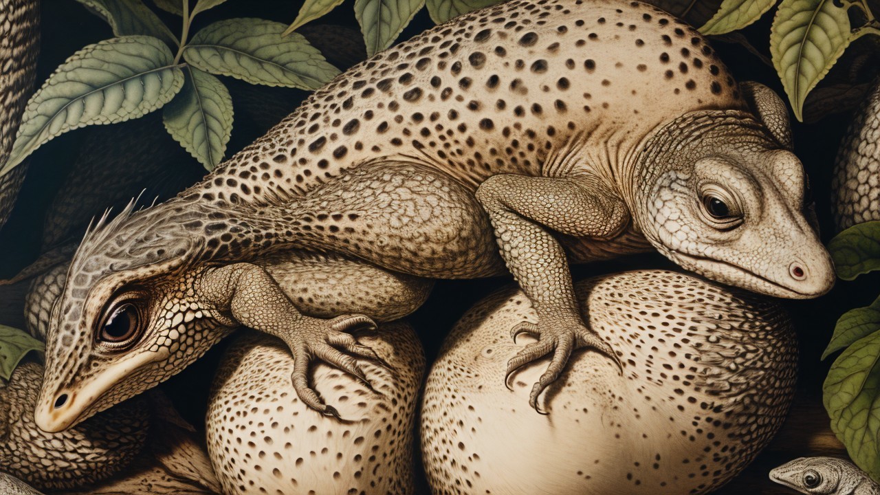 Lizards Among Speckled Eggs in Lush Greenery