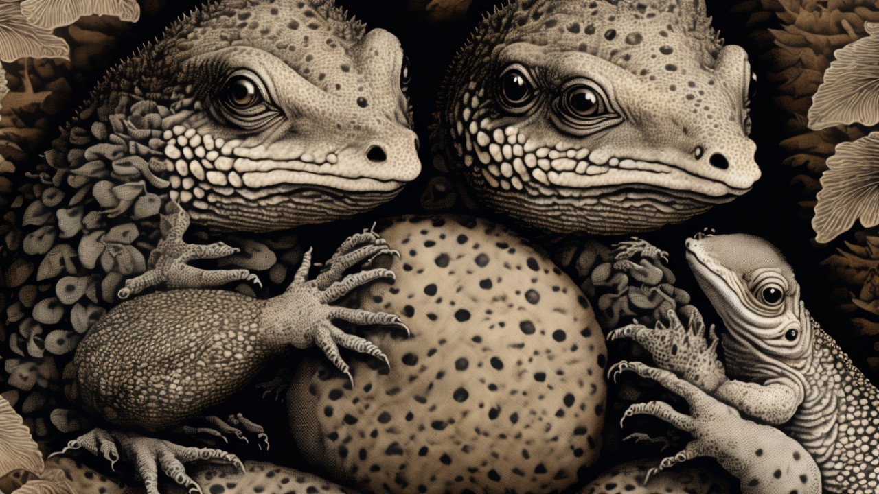 Intricate Artwork of Lizards and a Speckled Egg