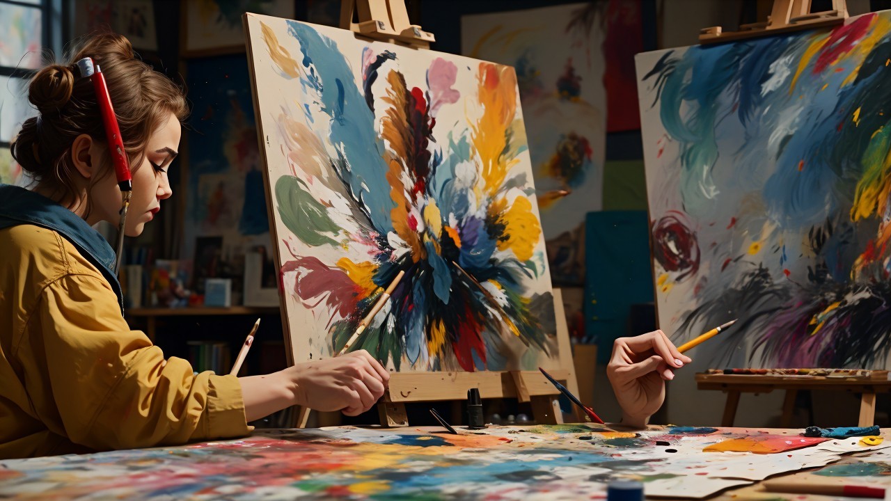 Artists Creating Colorful Works in Vibrant Studio