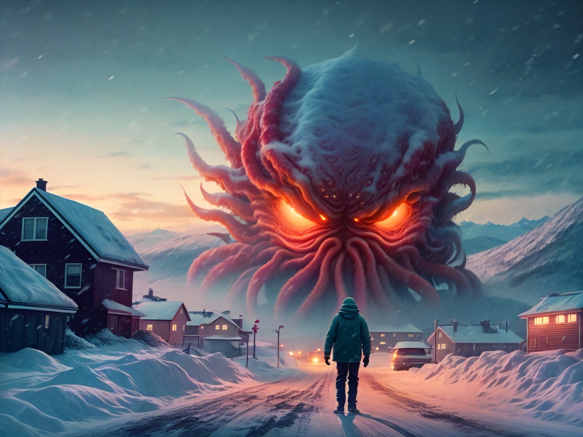 Snowy Street Scene with Giant Creature Above Houses