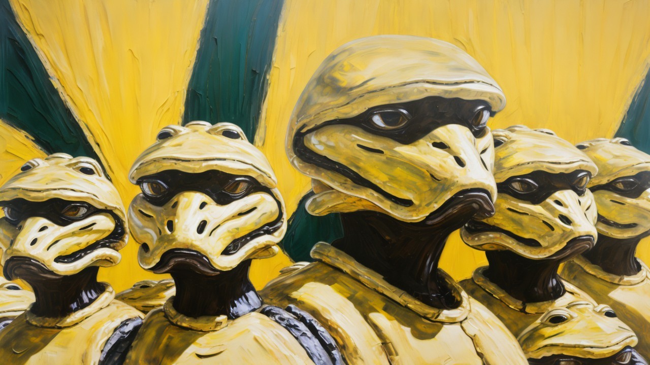 Anthropomorphic soldiers in yellow armor with bird features