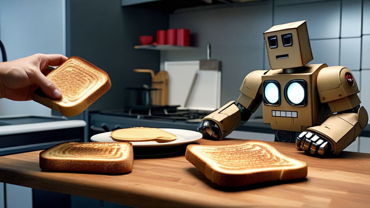 Whimsical Robot in Modern Kitchen with Toasted Slices