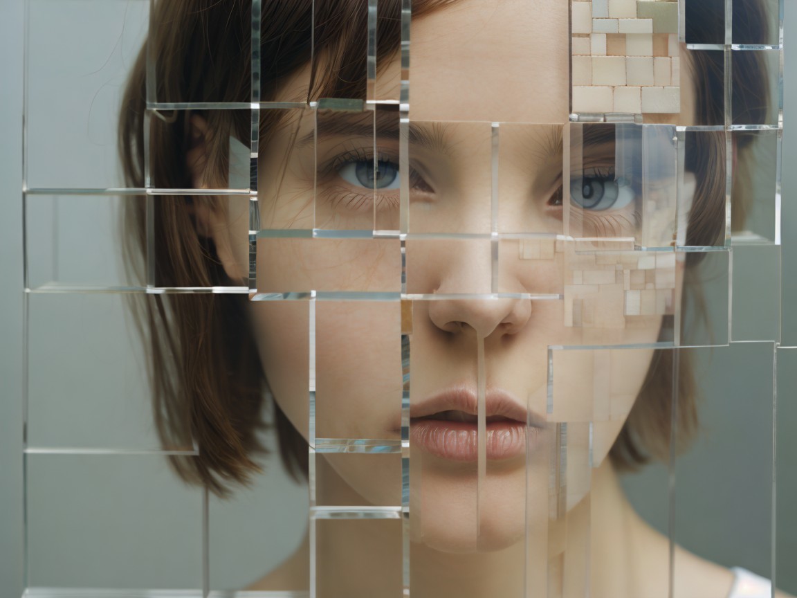 Close-up of a woman with textured glass reflection