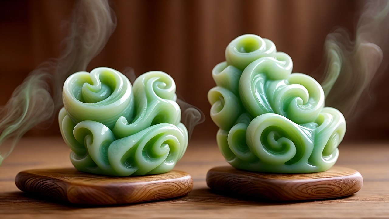 Intricately Carved Green Candle Sculptures on Bases