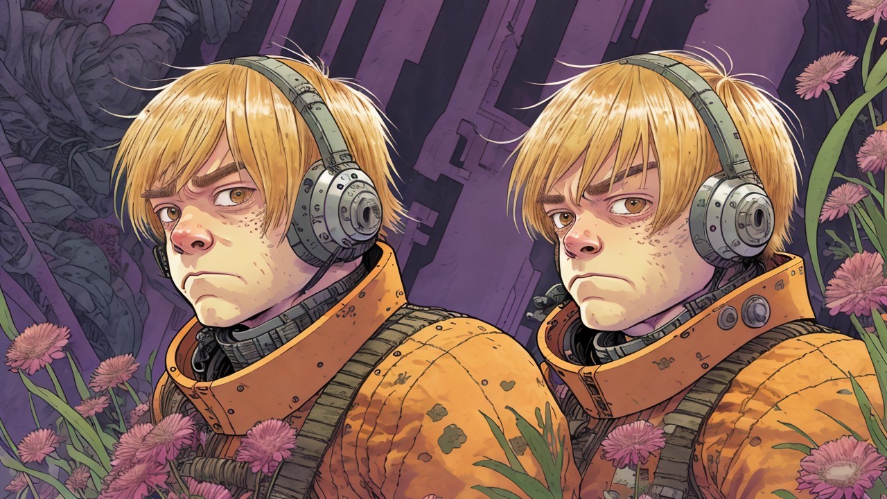 Identical Boys in Futuristic Headphones and Space Suits