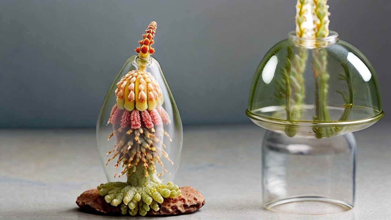 Glass Sculpture of Stylized Plant with Colorful Details