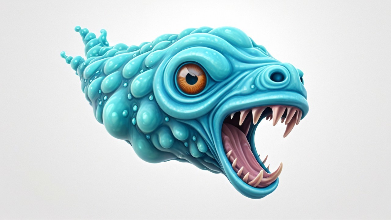 Whimsical Fish-Monster Creature with Turquoise Exterior