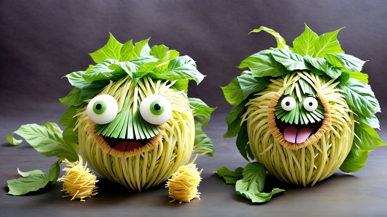 Whimsical Pasta and Greens Characters with Cheerful Faces