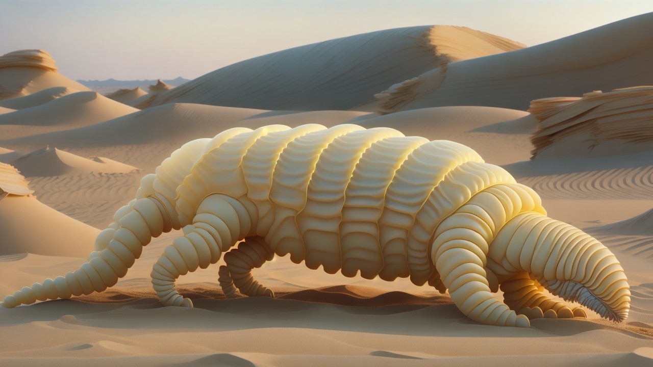Surreal Creature Crawling in a Sunlit Desert Landscape
