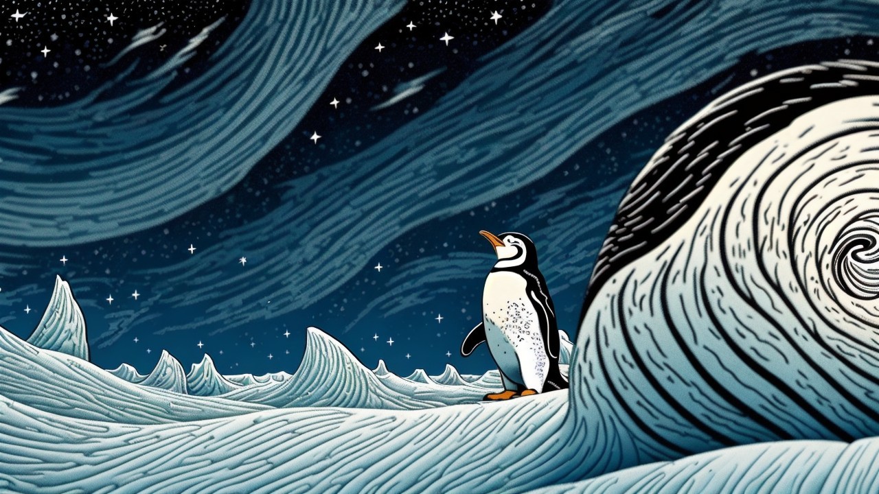 Whimsical Penguin Illustration with Surreal Waves