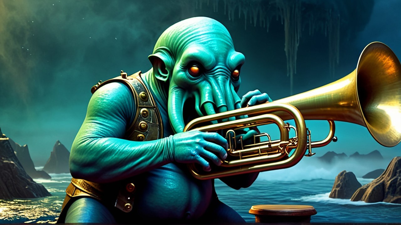 Fantastical Creature with Blue-Green Skin Playing Tuba