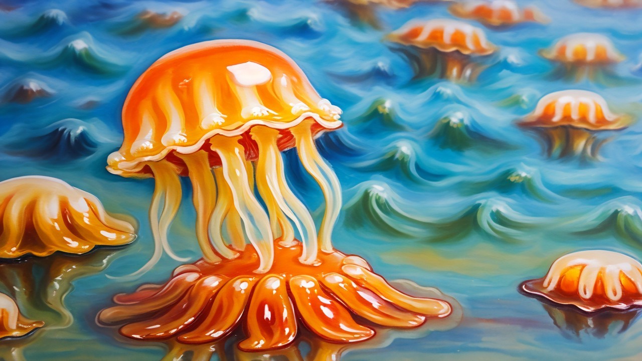 Vibrant Underwater Scene with Jellyfish and Waves