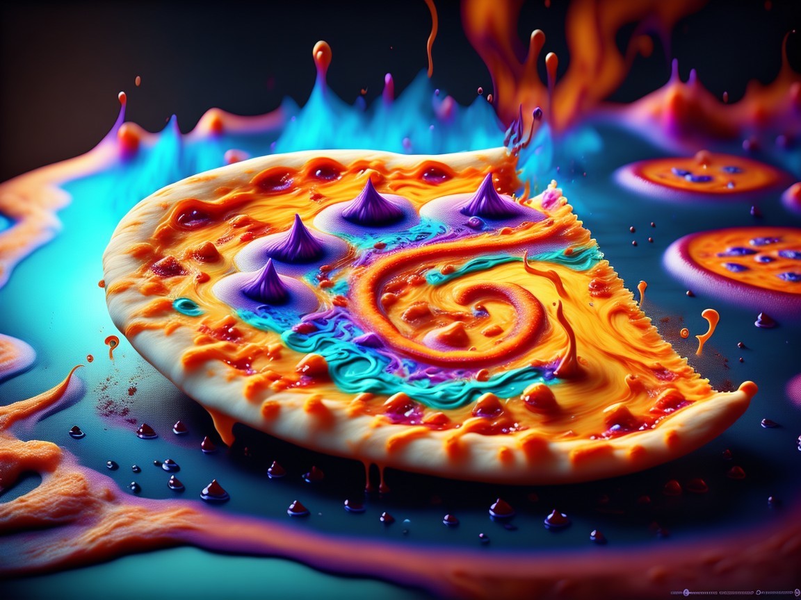 Surreal Pizza Slice in Colorful Molten Background