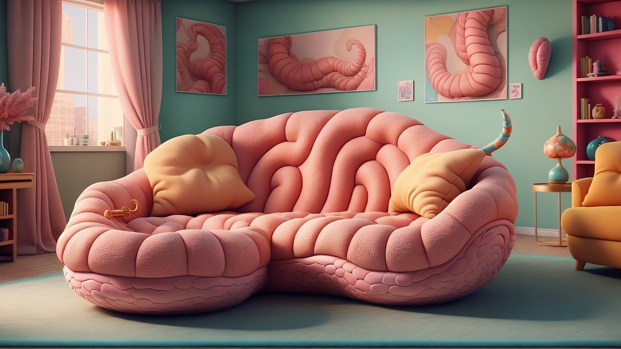 Whimsical Living Room with Brain-Shaped Sofa and Art